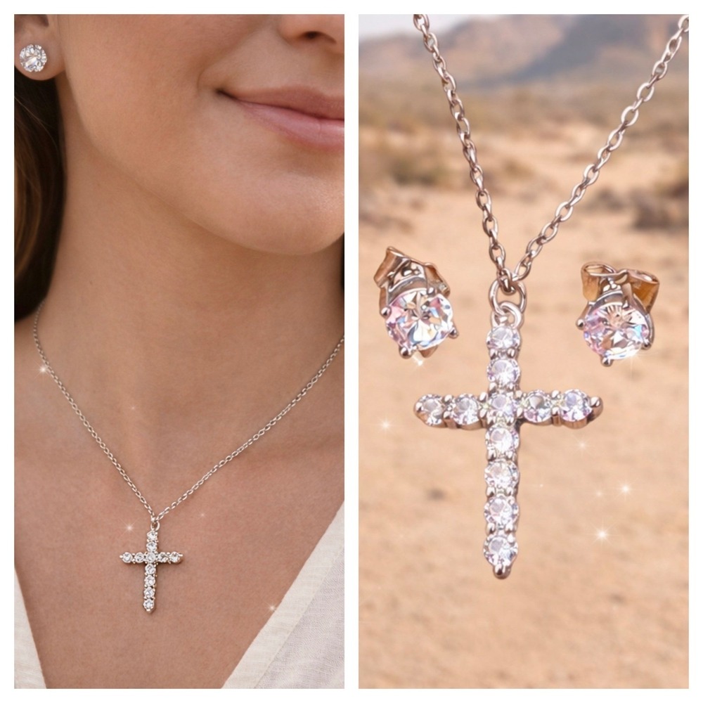 Religious Cross Necklace & Stud Earring Set Sterling Silver Moissanite Women 16 - Picture 4 of 7